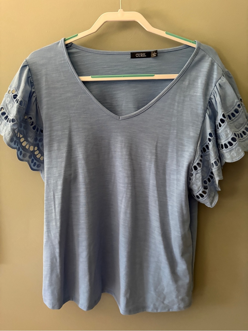 CURE. Blue Eyelet Ruffle Sleeve V-Neck Top Size Large